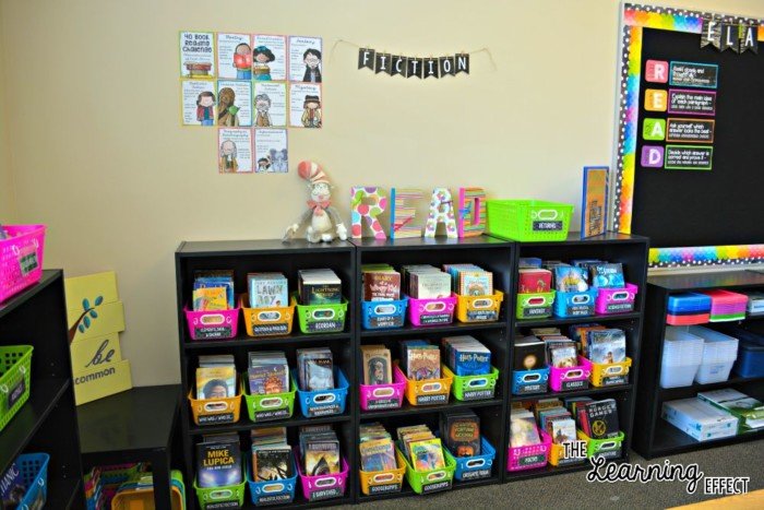 bright classroom library with rainbow chalkboard theme