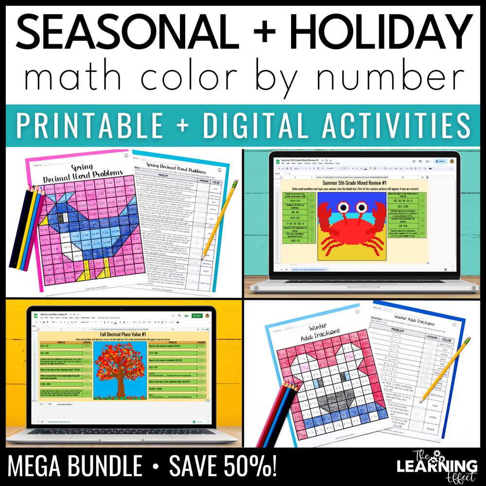 Seasonal and holiday math color by number bundle