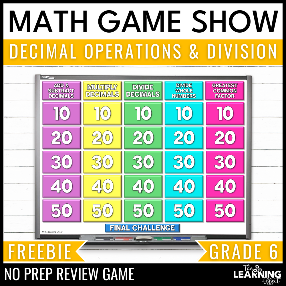 Decimal operations and division game show for 6th grade