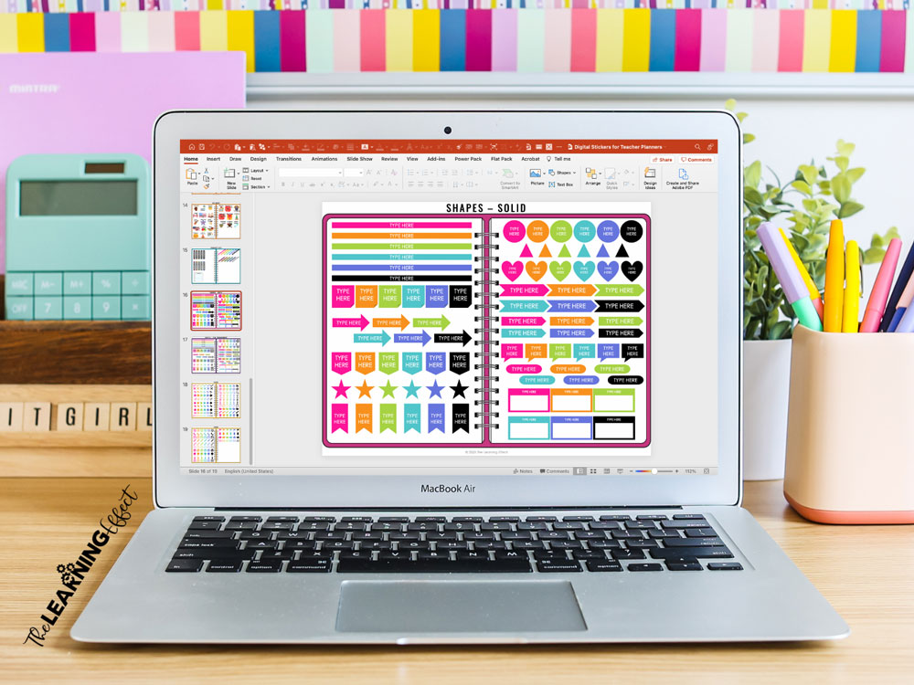 laptop with digital stickers for DIY teacher planner