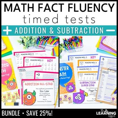 Math fact fluency addition and subtraction timed tests practice worksheets