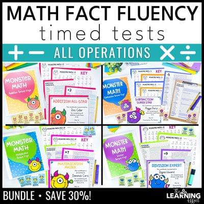 Math fact fluency addition subtraction multiplication division timed test bundle