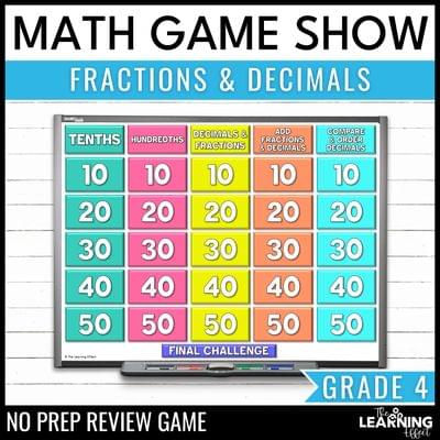 Fractions and decimals game show | 4th grade math review test prep activity