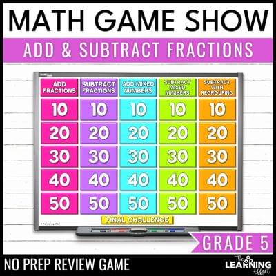 Adding and subtracting fractions game show | 5th grade math test prep activity