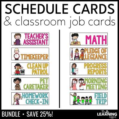 Visual daily schedule cards and classroom student jobs | editable bundle