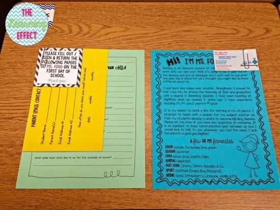 Student desk set up for back to school night with paperwork on top