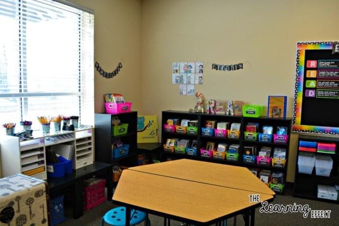 Bright classroom library with rainbow chalkboard theme