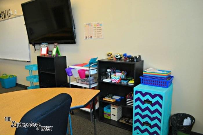 Tv, bookshelves, filing cabinet