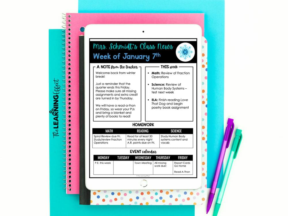 Digital class newsletter on tablet