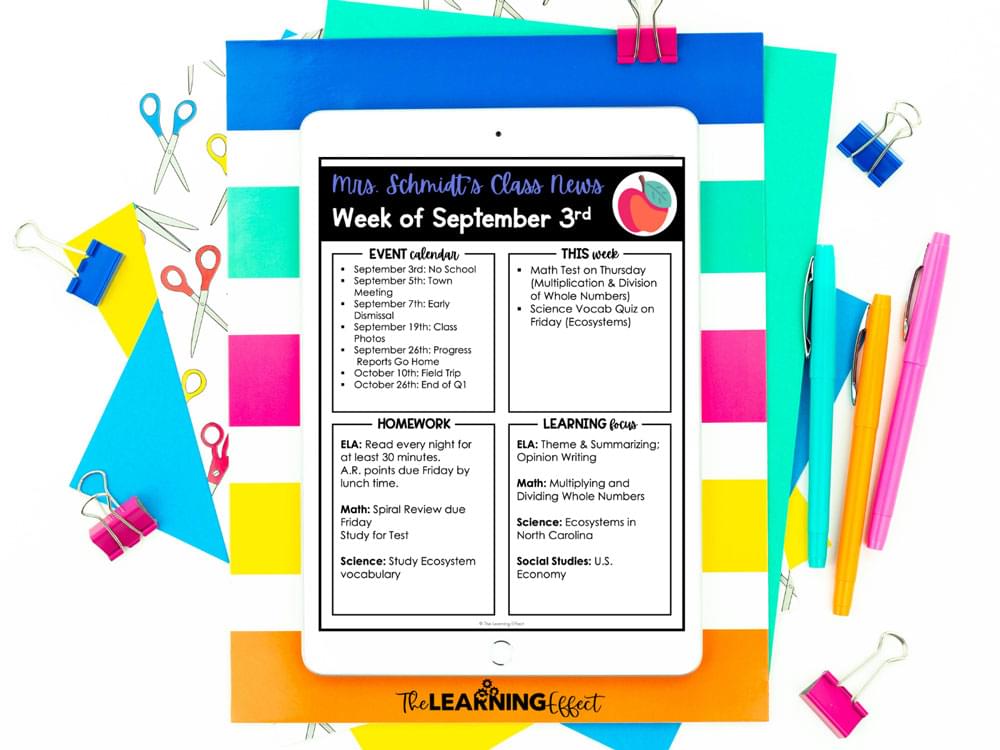 Digital class newsletter on tablet