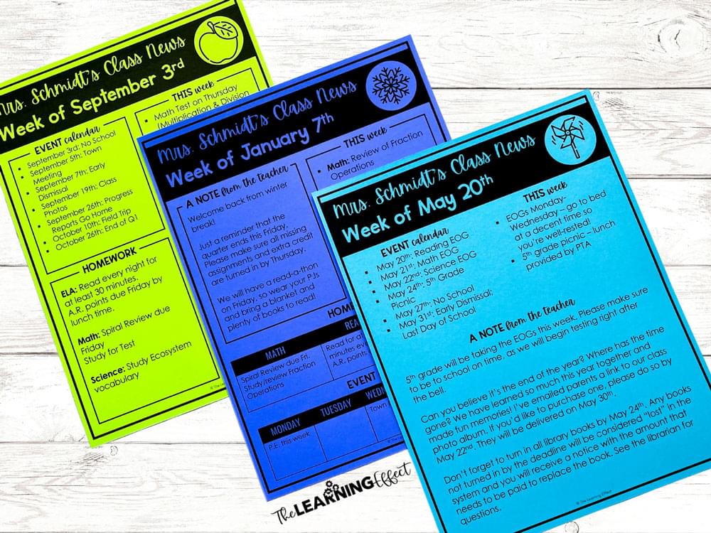 Printed class newsletters