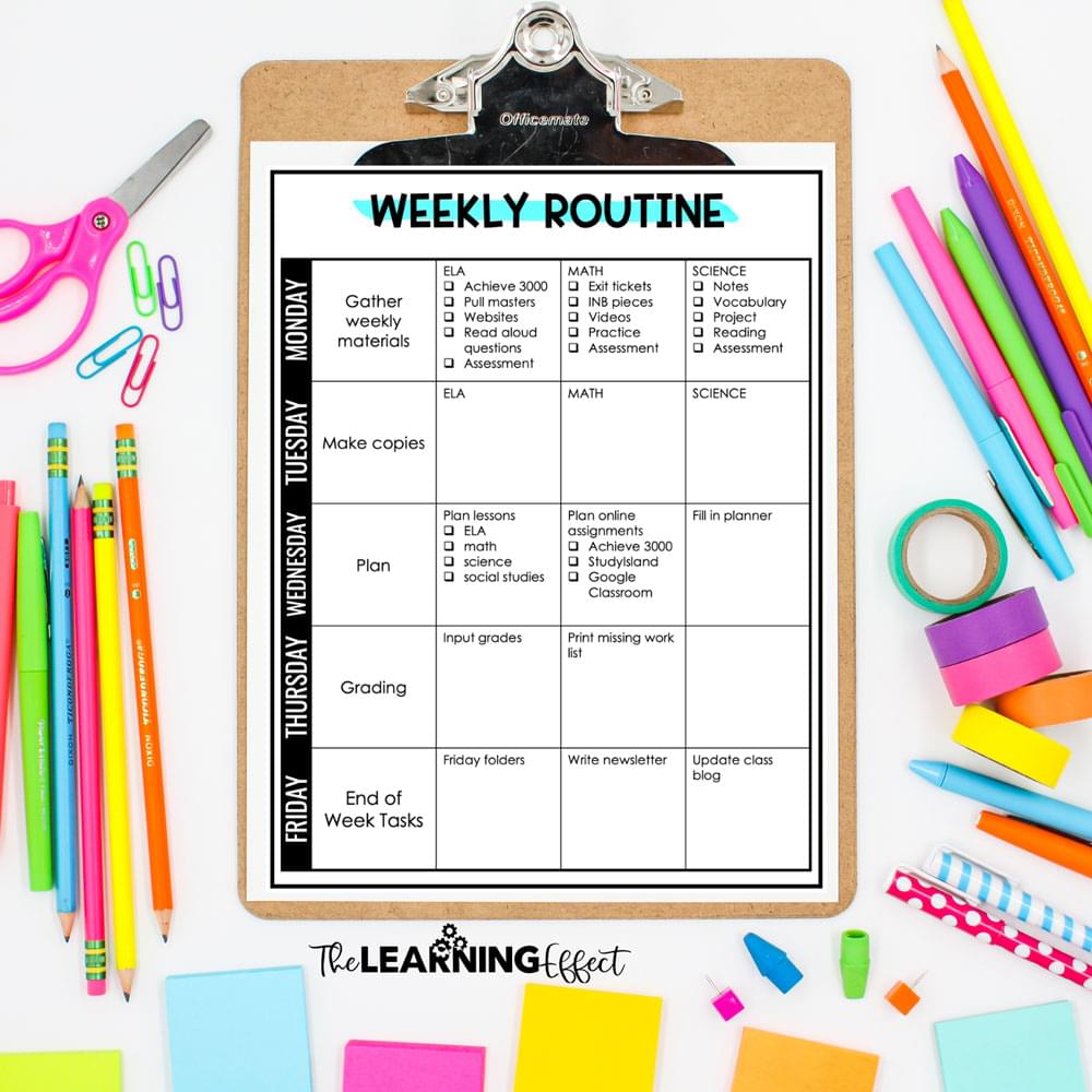 Weekly routine batching schedule with colorful school supplies surrounding